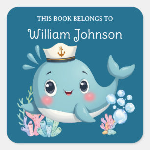 Süße blaue Whale-Bibliotheks-Exlibris für Kinder Quadratischer Aufkleber