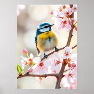Süße Blaumeise auf blühendem Apfelbaum im Frühling Poster