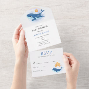 Süße Blauwal Gelbe Sterne Baby Shower  All In One Einladung