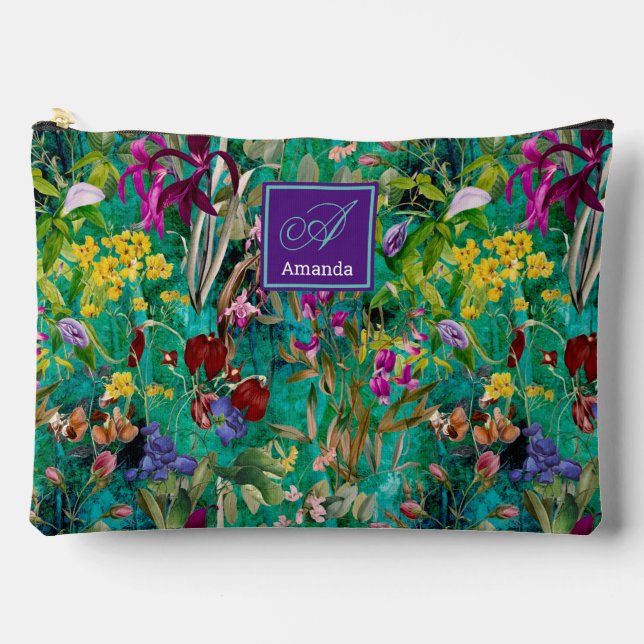 Süße Blume Blätter Türkis-Monogramm Muster Zubehörtasche (Vorderseite)