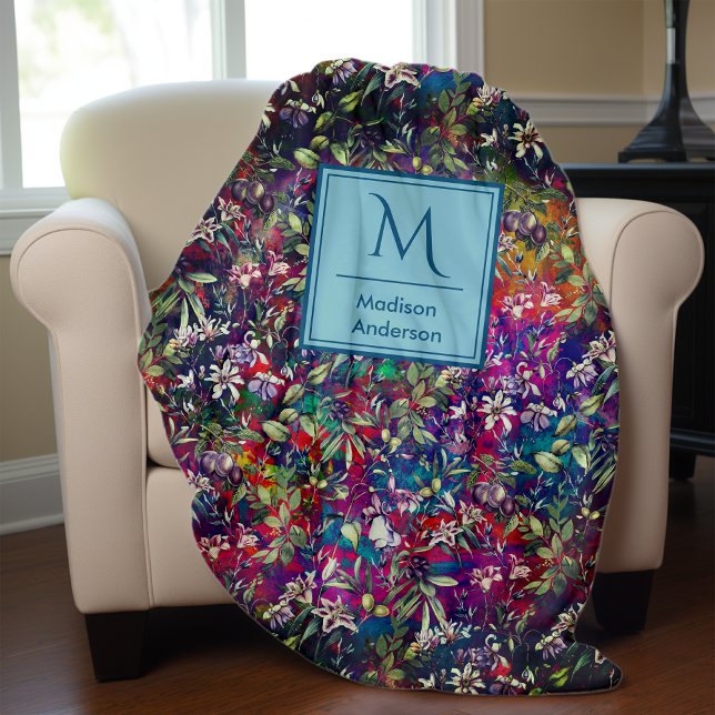 Süße Blume und Blätter Rot Schwarz Monogramm Blume Fleecedecke (Von Creator hochgeladen)