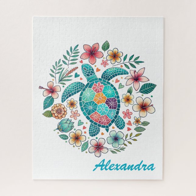  Süße Blumen-Boho-Meeres-Schildkröte mit eigenem N Puzzle (Vertikal)