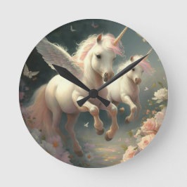 Süße Blumen-Einhörner fliegendes kleines Pony Run Runde Wanduhr
