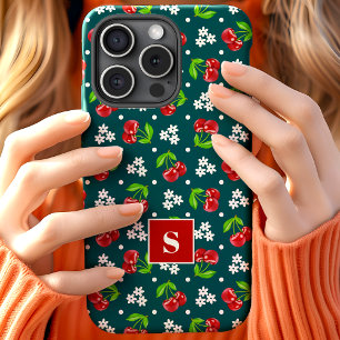 Süße Blumen-Polka-Punkt-Kirschen Türkises Monogram Case-Mate iPhone Hülle