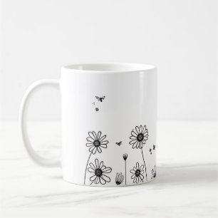 Süße Blumen-Tasse – Schwarz-Weiß-Wildblumen-Design Kaffeetasse