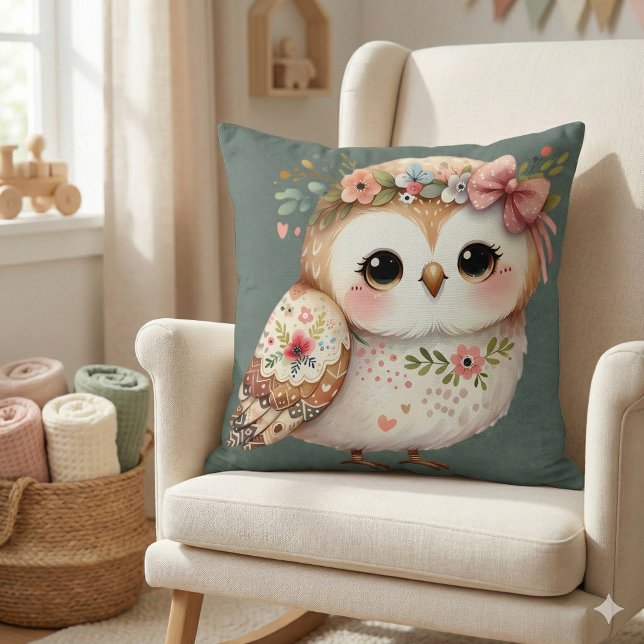 Süße Blumeneule mit Schleife Kissen (Cute Floral Owl with Bow Throw Pillow Mockup A)