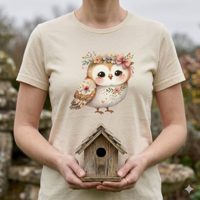 Süße Blumeneule mit Schleife T-Shirt (Cute Floral Owl with Bow T-Shirt With Birdhouse)