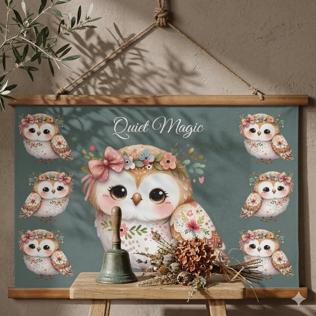 Süße Blumeneule mit Schleife Wandteppich Mit Holzrahmen (Cute Floral Owl with Bow Hanging Tapestry On Shadowed Wall)