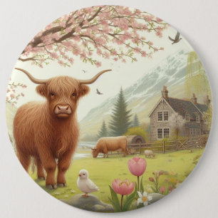 Süße, blumige Frühlings-Hochlandkuh Button