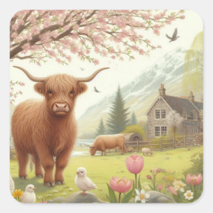 Süße, blumige Frühlings-Hochlandkuh Quadratischer Aufkleber