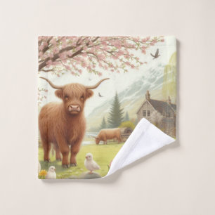 Süße, blumige Frühlings-Hochlandkuh Waschlappen