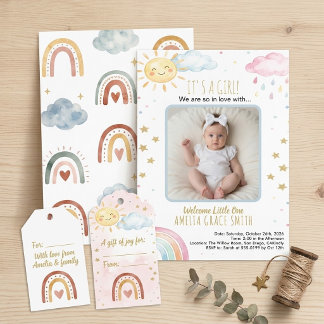 Süße Boho-Aquarell-Regenbogen-Sonnenlicht-Baby-Fot Einladung