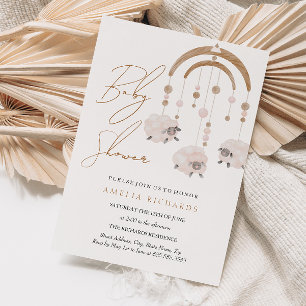 Süße Boho-Rosa-Schaf-Mobile Baby Shower Einladung