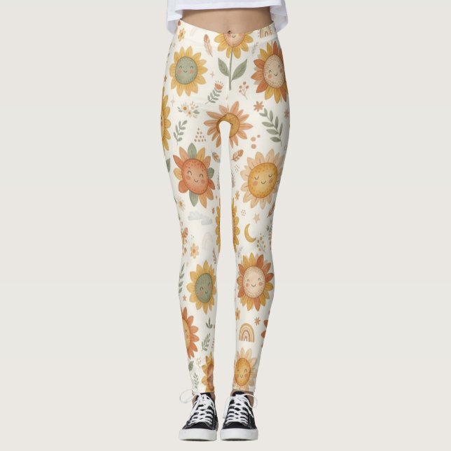 Süße Boho-Sonnenblumen-Sonne- und Regenbogen-Fraue Leggings (Vorderseite)