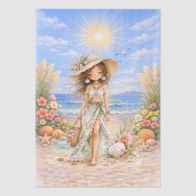 Süße Boho-Stil Mädchen-Strand-Szene-Decoupage  Seidenpapier (Vorderseite)