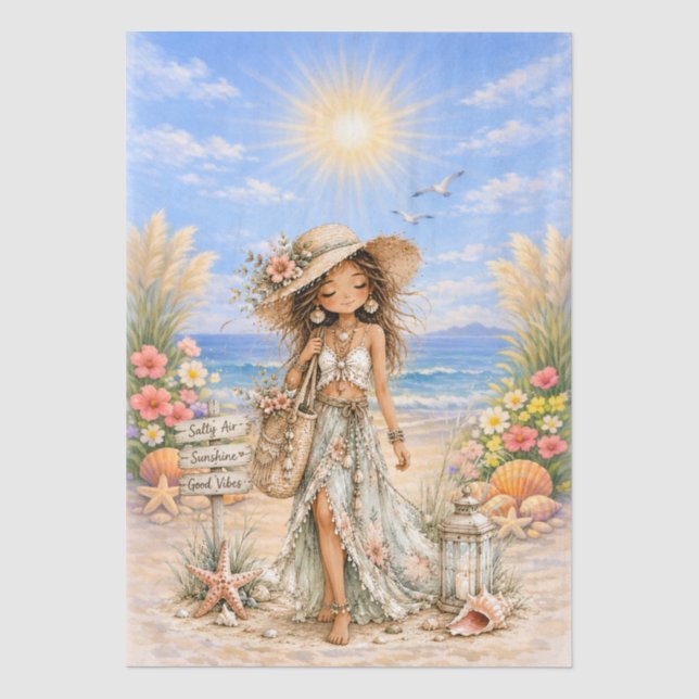 Süße Boho-Stil Mädchen Strand Szene Decoupage  Seidenpapier (Vorderseite)