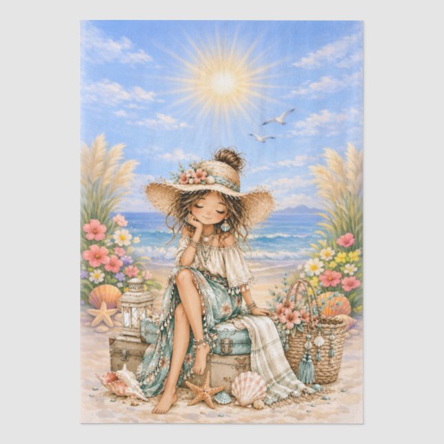 Süße Boho-Stil Mädchen-Strand-Szene-Decoupage  Seidenpapier (Vorderseite)