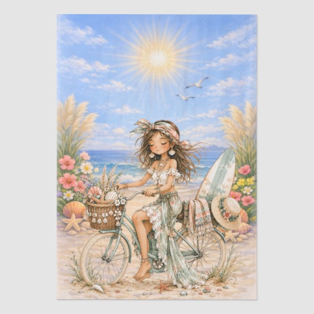 Süße Boho-Stil Mädchen Strand Szene Decoupage  Seidenpapier (Vorderseite)