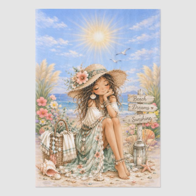 Süße Boho-Stil Mädchen Strand Szene Decoupage  Seidenpapier (Vorderseite)