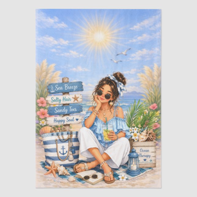 Süße Boho-Stil Mädchen Strand Szene Decoupage  Seidenpapier (Vorderseite)