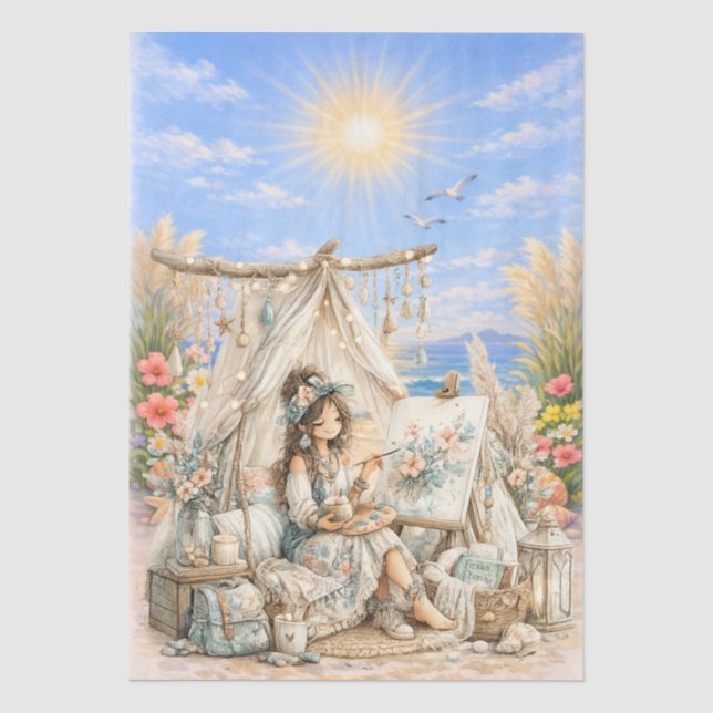 Süße Boho-Stil Mädchen Strand Szene Decoupage  Seidenpapier (Vorderseite)