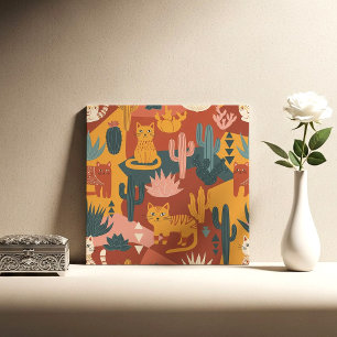 Süße Boho-Wüstenkatzen-Kaktus-Sukkulenten-Muster Fliese