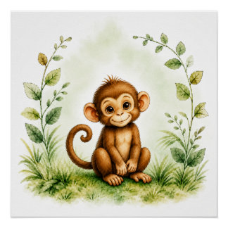 Süße botanische Affe-Wasserfarbe-Wildlife Poster