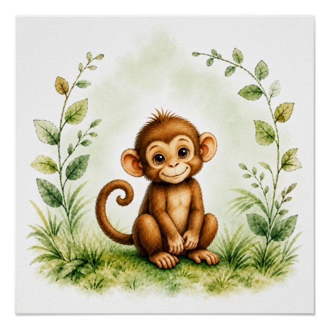 Süße botanische Affe-Wasserfarbe-Wildlife Poster (Vorderseite)