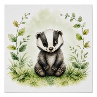 Süße botanische Dachswasserfarben-Wildtiere Poster