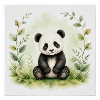 Süße botanische Panda-Wasserfarben-Wildnis Poster