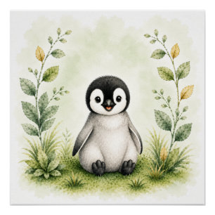 Süße botanische Pinguin-Aquarell-Wildnis Poster