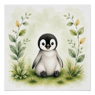 Süße botanische Pinguin-Aquarell-Wildnis Poster
