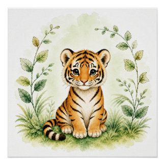 Süße botanische Tigerjunge-Wasserfarben-Wildnis Poster