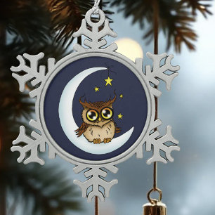 Süße Braune Eule Halbmond Sterne Blau Schneeflocken Zinn-Ornament