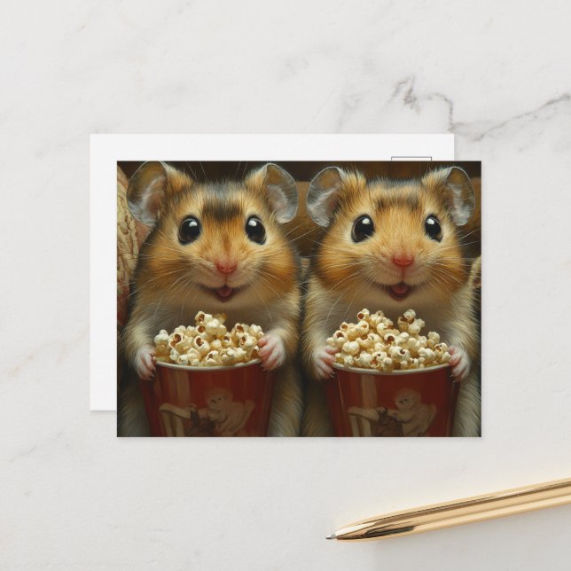 Süße braune Hamster mit Popcorn Postkarte (Vorderseite/Rückseite Beispiel)