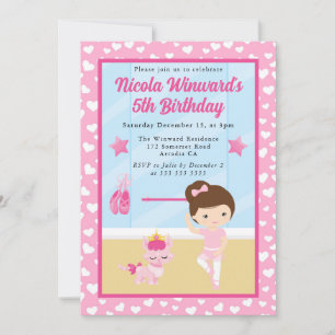 Süße brünette Mädchen-Ballerina Kindergeburtstag Einladung