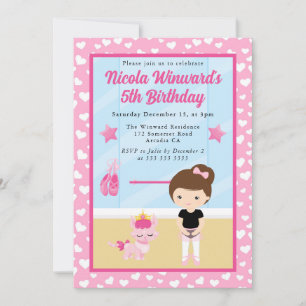 Süße brünette Mädchen-Ballerina Kindergeburtstag  Einladung