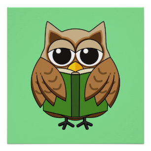 Süße Bücherwurm-Eule beim Lesen eines Cartoon-Buch Poster