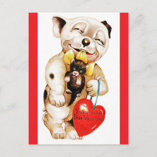 Süße Bulldogge und Kätzchen Vintage Valentinstag P Postkarte