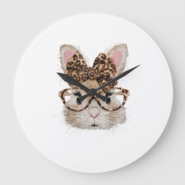 Süße Bunny-Hasen-Gesicht-Leopard-Coquette-Brille Große Wanduhr (Vorderseite)