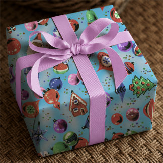 Süße bunte blaue Retro-Weihnachtsdekorationen Geschenkpapier