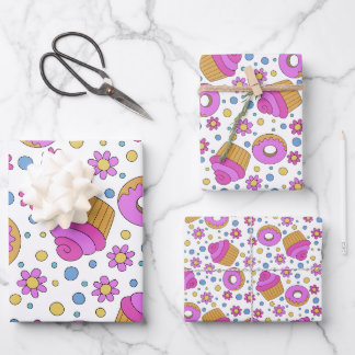 Süße bunte Cupcake-, Blumen- und Bagel-Lesezeichen Geschenkpapier Set