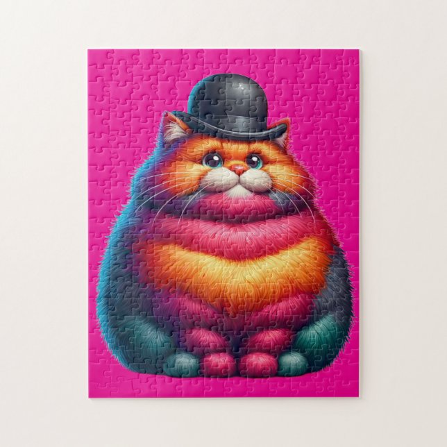 Süße bunte dicke Katze mit Bowlerhut Puzzle (Vertikal)
