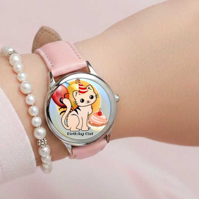 Süße bunte Kitty-Geburtstag  Armbanduhr (Cute festive girly birthday watch featuring a kitten with balloons and a cupcake)