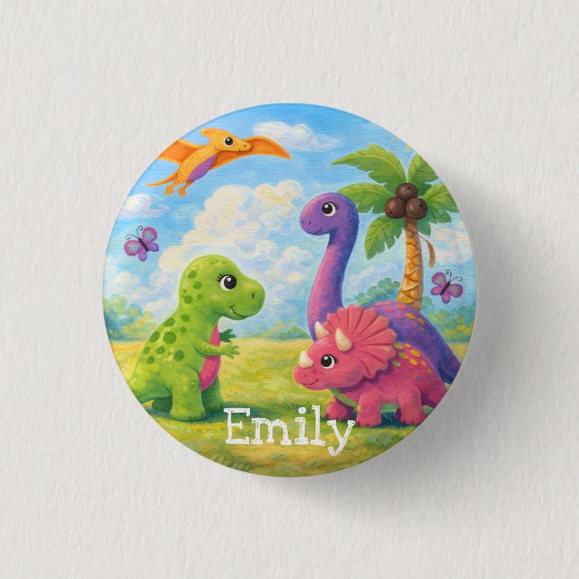 Süße bunte Mädchen Dinosaurier Freunde Kinder Button (Vorderseite)