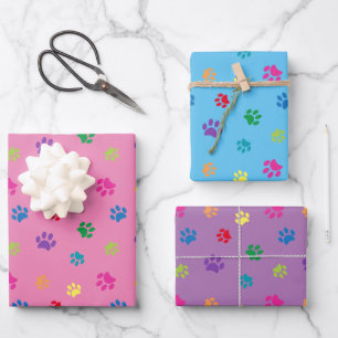 Süße bunte Pfotenabdrücke Muster Rosa Blau Lila Geschenkpapier Set