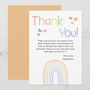 Süße bunte Regenbogen-Herzen-Baby-Party Dankeskarte