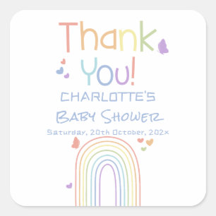 Süße bunte Regenbogen mit Herzen Baby Shower Quadratischer Aufkleber
