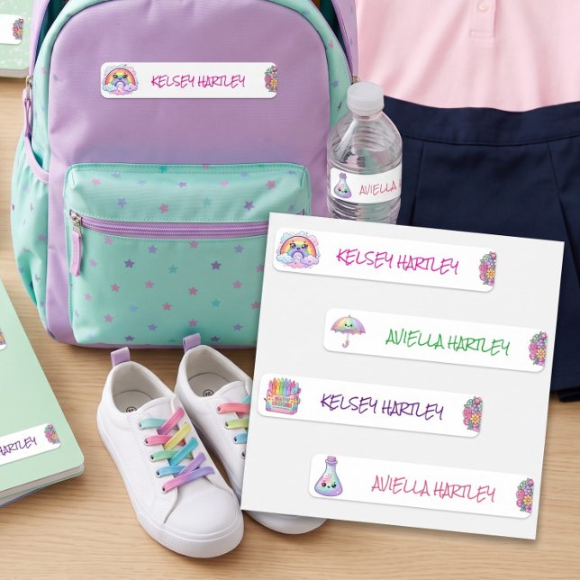 Süße bunte Regenbogenblumen Schulmädchen Etiketten (Von Creator hochgeladen)