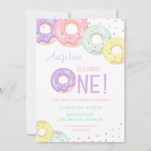 Süße bunte Streusel-Donuts zum ersten Geburtstag Einladung (Vorderseite)